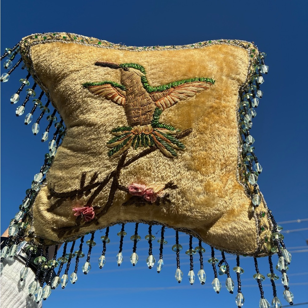 Vintage Velvet Embroidered Hummingbird Pillow with Beaded Fringe 8x8